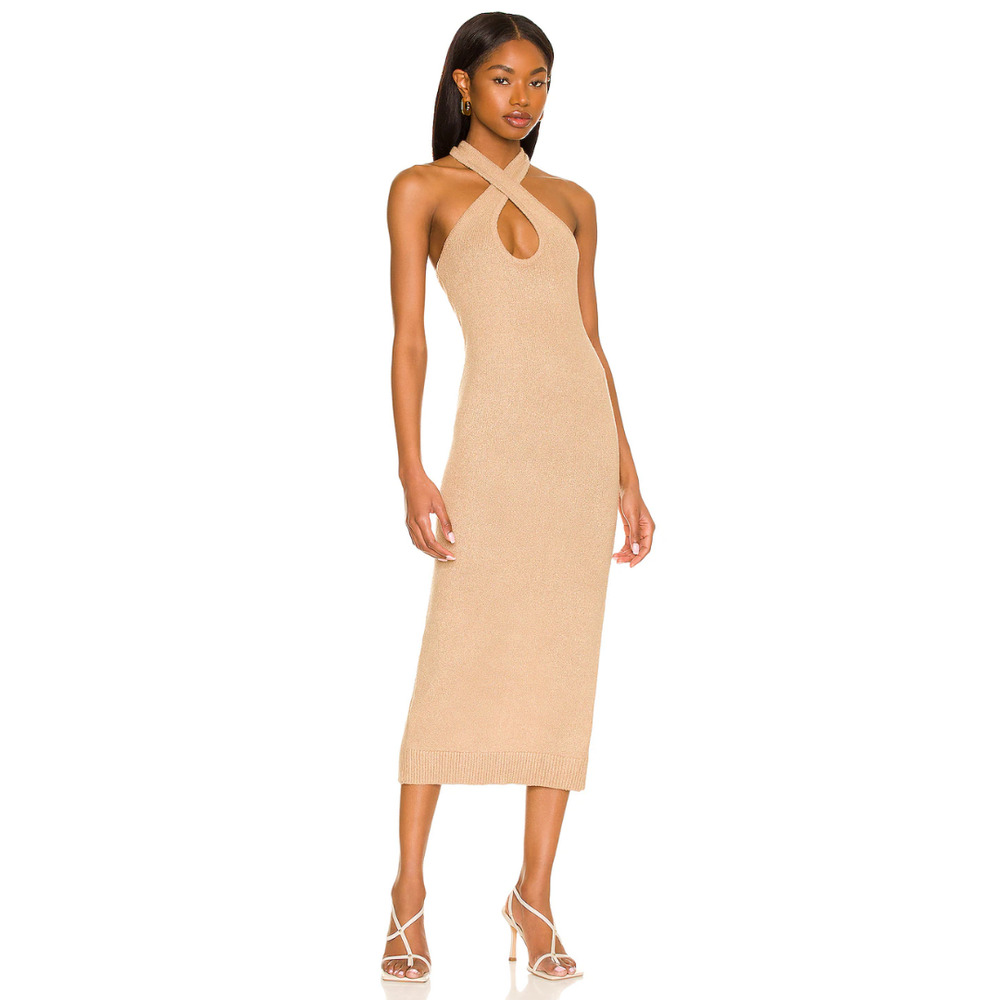 Revolve LPA Alyssa Halter Midi Bodycon Knit Tan Dress Womens Size Medium